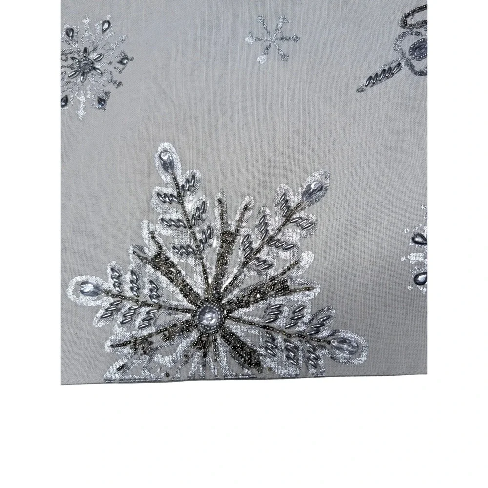 Silver Beaded Snowflake Table Runner Gray Metallic Holiday Winter Decor 72 Inch